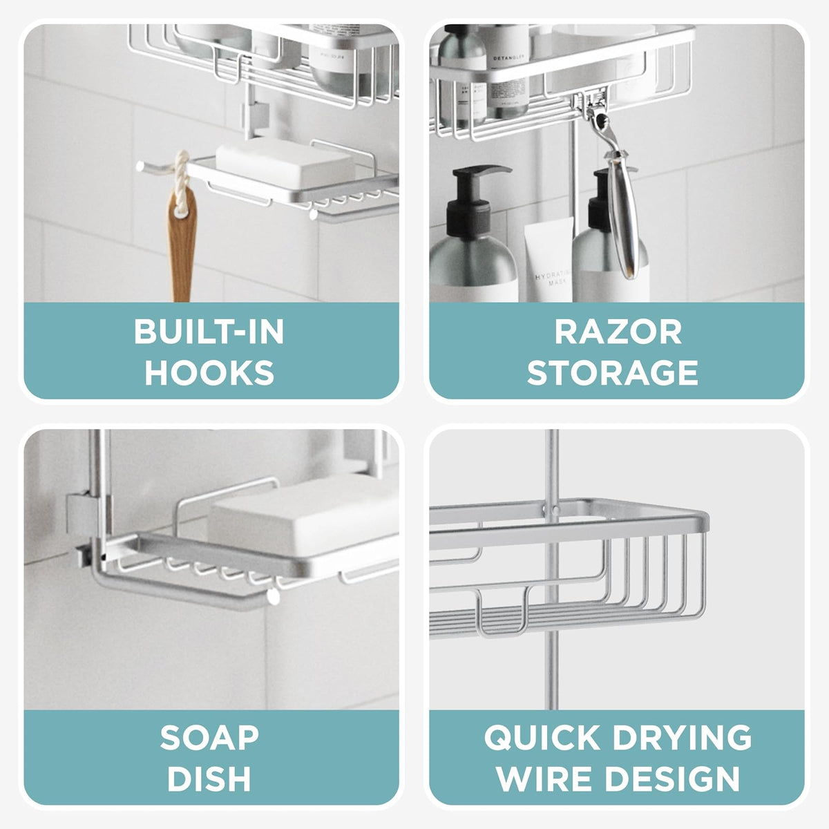 Zenna Home - Organizador de ducha colgante a prueba de óxido, sobre el cabezal de ducha con 2 estantes y ganchos integrados, organizador colgante de baño de aluminio, cromo satinado