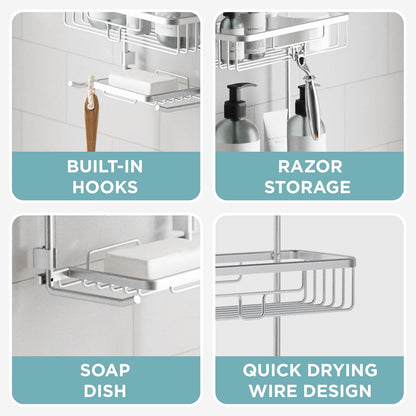 Zenna Home - Organizador de ducha colgante a prueba de óxido, sobre el cabezal de ducha con 2 estantes y ganchos integrados, organizador colgante de baño de aluminio, cromo satinado