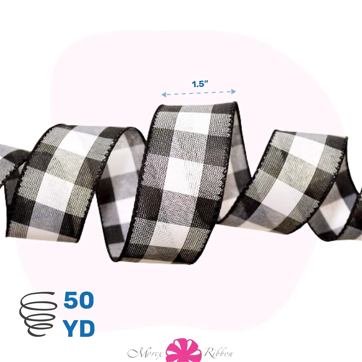 Morex Ribbon Cambridge - Cinta a cuadros con alambre en blanco y negro, para envolver regalos, cintas para el pelo para manualidades, decoraciones de Navidad para decoración del hogar, suministros y materiales de manualidades, 3.8 cm x 45.7 m