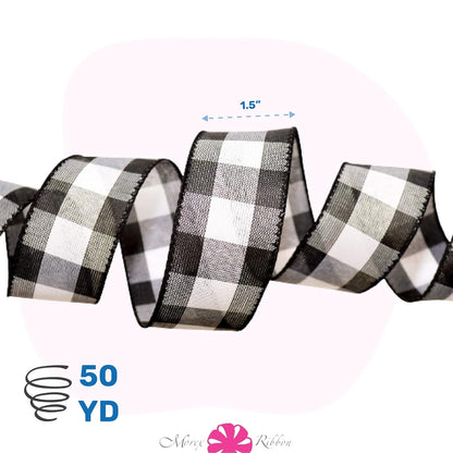 Morex Ribbon Cambridge - Cinta a cuadros con alambre en blanco y negro, para envolver regalos, cintas para el pelo para manualidades, decoraciones de Navidad para decoración del hogar, suministros y materiales de manualidades, 3.8 cm x 45.7 m