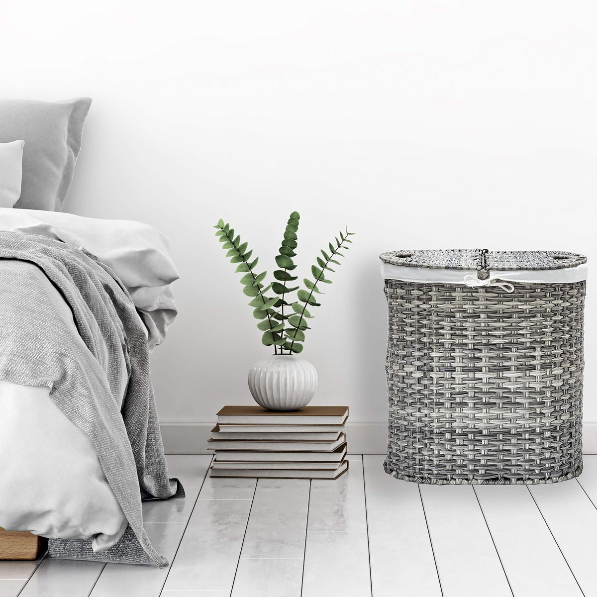 Seville Classics - Cesta de Lona extraíble Ovalada Tejida a Mano con Doble Tapa, para clasificar la Ropa, Color Gris