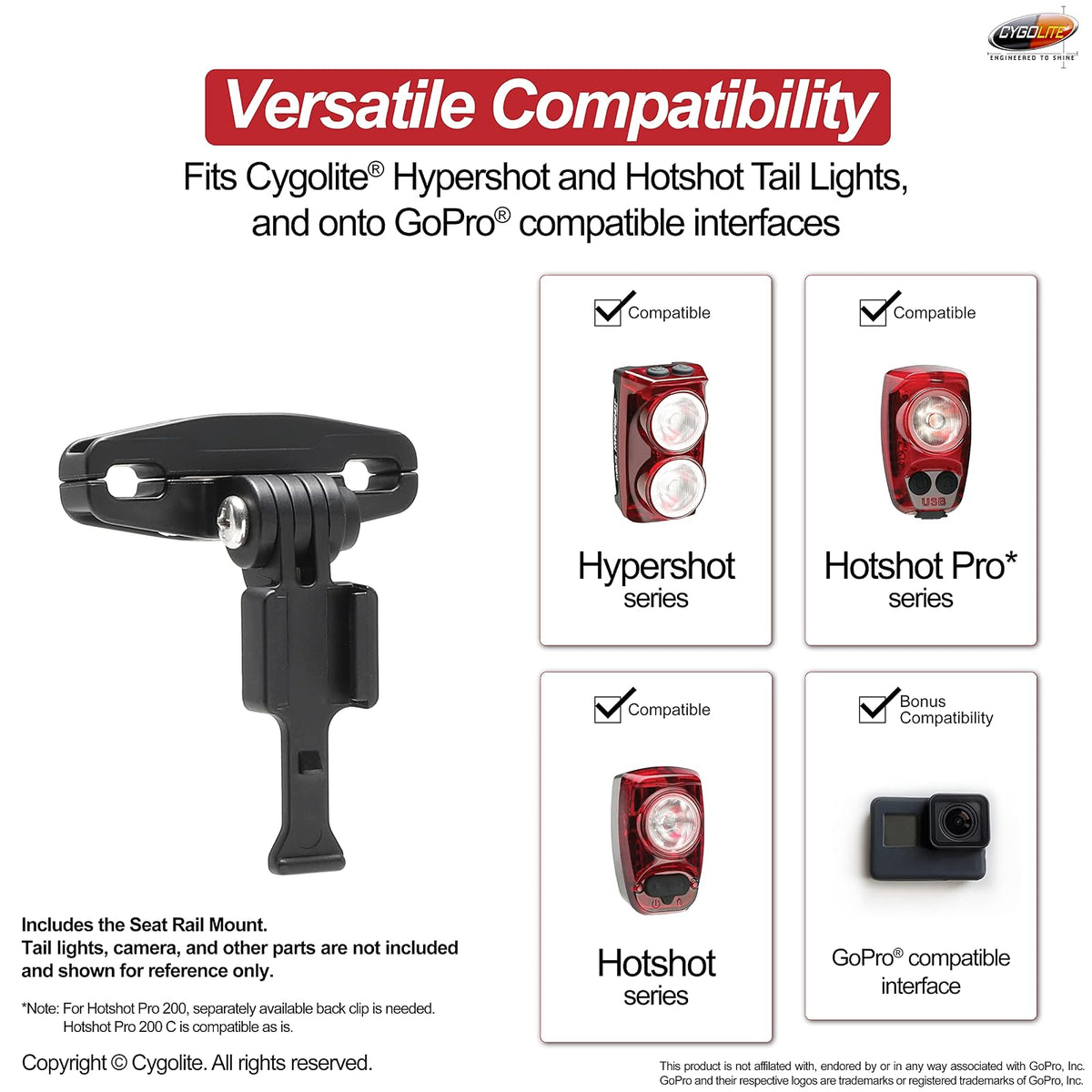 Cygolite - Soporte para riel de sillín - para luces traseras Cygolite Hypershot y Hotshot serie - Se instala debajo del sillín de bicicleta, aspecto menos desordenado, compacto y duradero, se adapta a