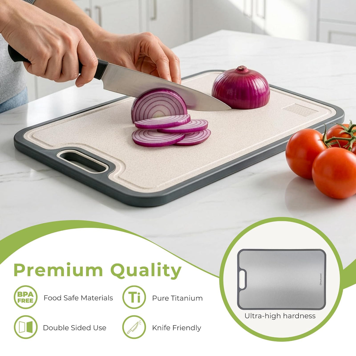 Freshware - Tabla de cortar de titanio para cocina, tablas de cortar de doble cara y antideslizantes, titanio puro/PP, tabla de cortar con ranuras para jugos, apta para lavaplatos, tamaño grande de
