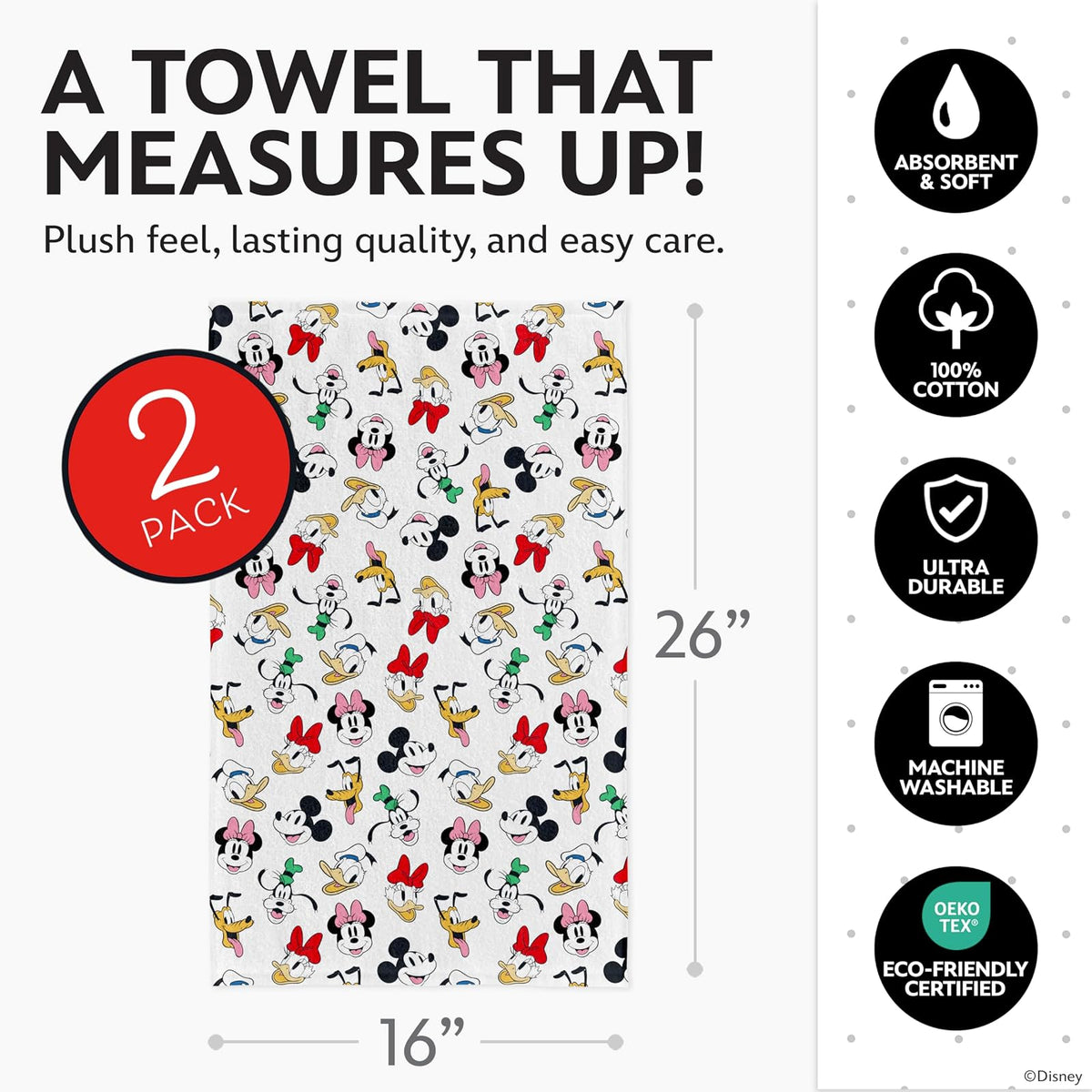 Disney - Juego de 2 toallas de cocina 100% algodón – Toallas de cocina suaves y absorbentes de 16 x 26 pulgadas, diseños de Mickey, Minnie y Stitch – Duraderas, lavables a máquina (Mickey & Friends
