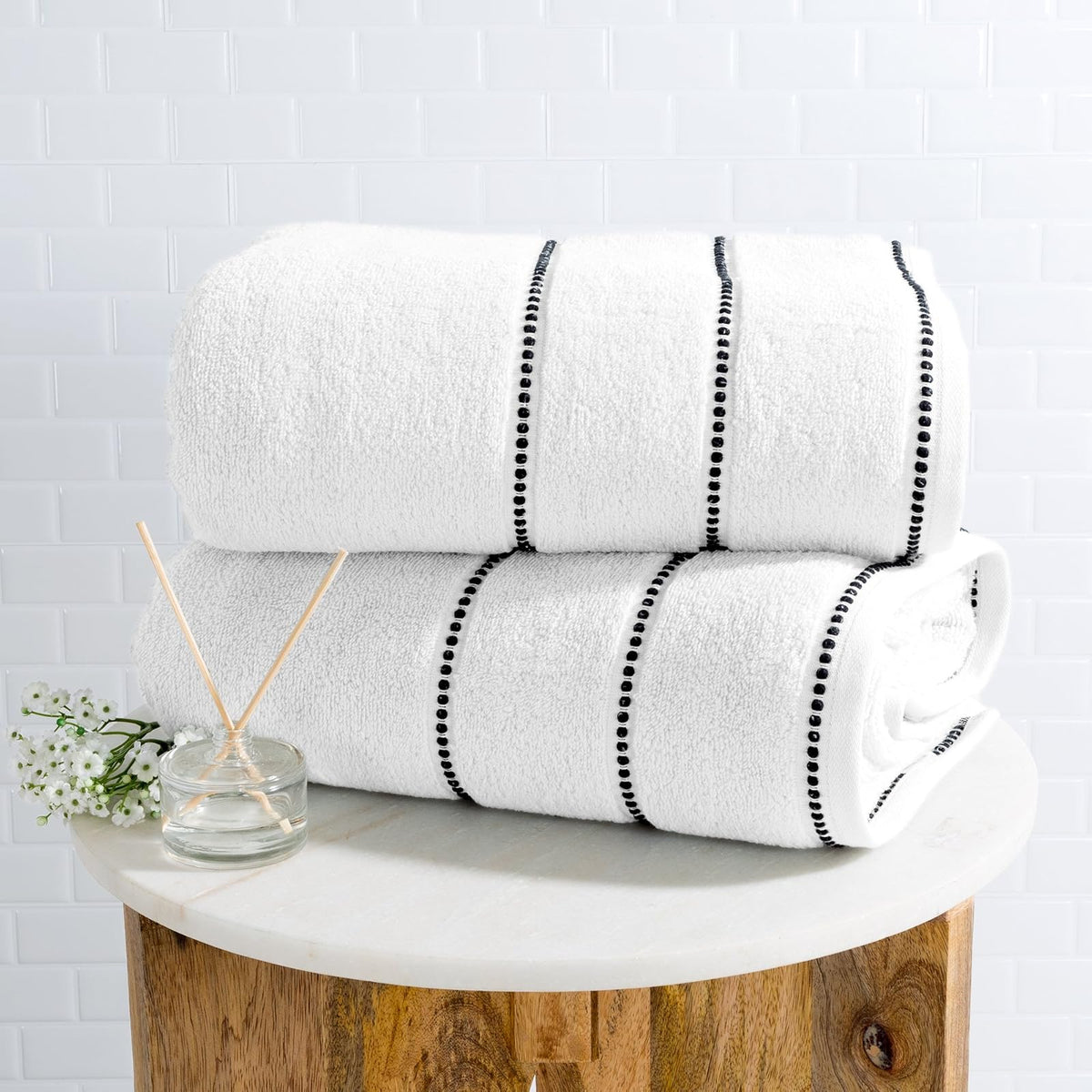 Bedford Home 67-0036-W Luxury Cotton Towel Set, 2 Piece Bath Sheet Set, Quick Dry, Soft and Absorbent, White/Black