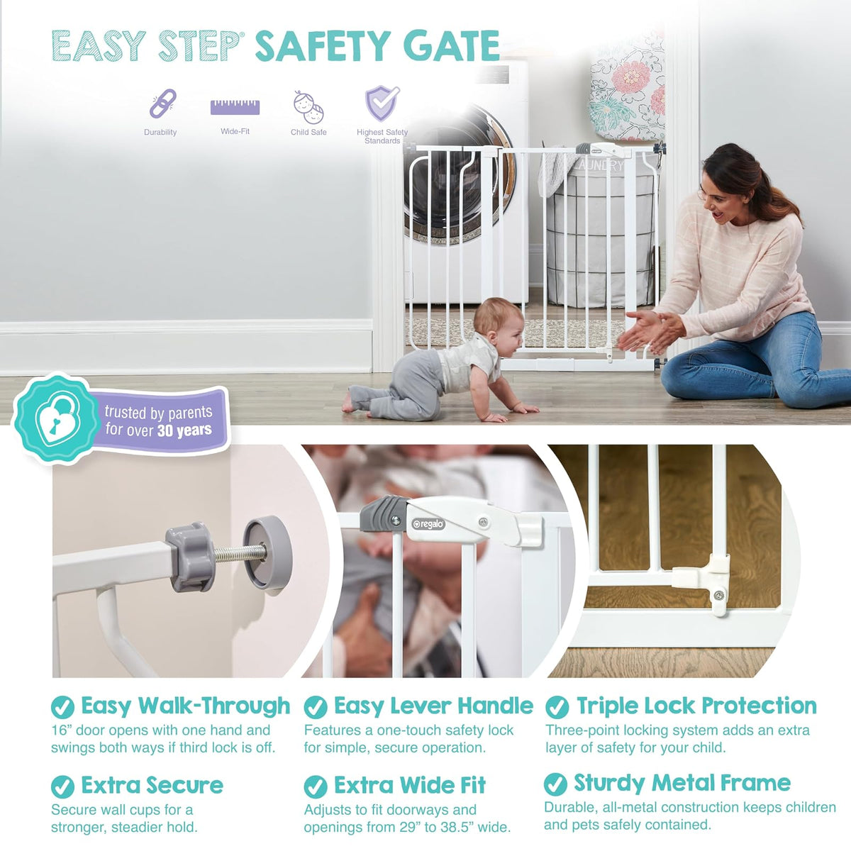 Regalo Easy Step Puerta de Seguridad, Blanco, para adaptarse a aberturas de entre 29-34 y 35-38,5 pulgadas de ancho, 30 pulgadas de alto. 73.66-86.36 CM y 88.9-97.79 CM de ancho, 76.2 CM de alto.