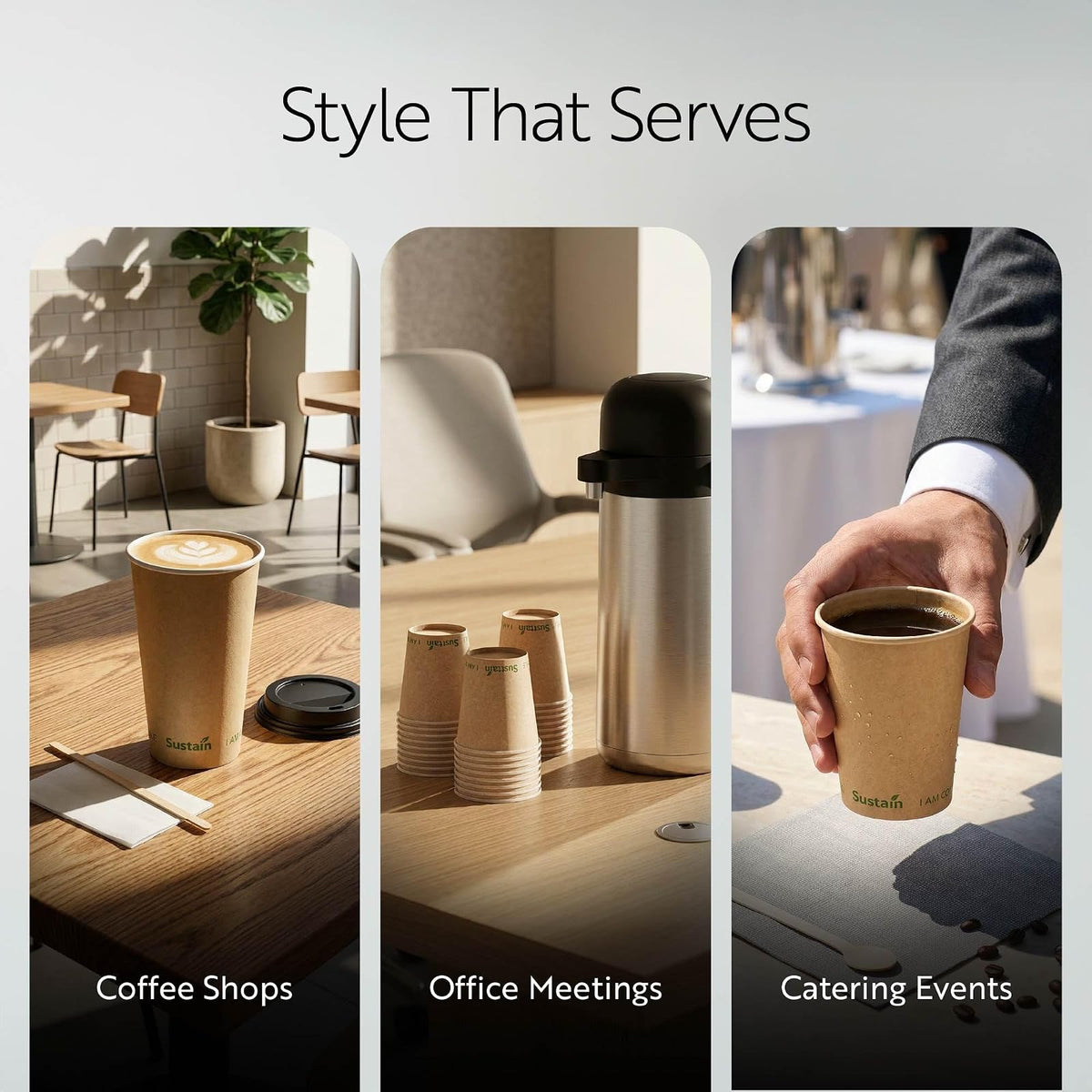Restaurantware Sustain - Tazas calientes de 4 onzas, 50 tazas de café de una sola pared, tapas se venden por separado, revestimiento de PLA a prueba de fugas, taza de papel kraft compostable, tolera
