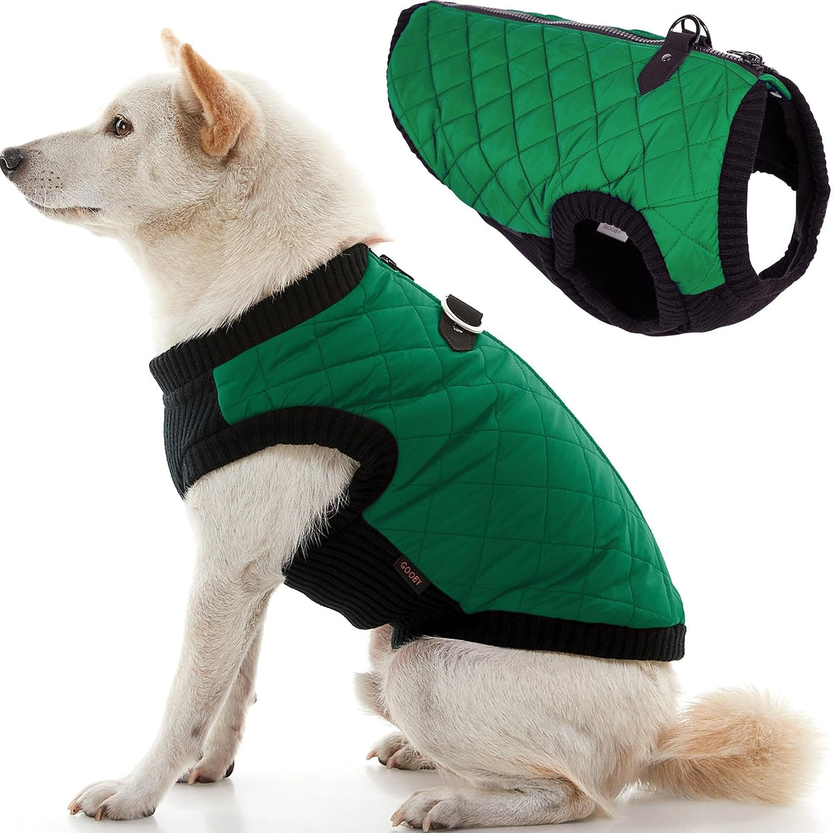 Gooby Chaleco de moda para perro, verde, pequeño, cálido chaleco con cremallera y correa de doble anillo en D, suéter para perro pequeño resistente al agua de invierno, ropa para perros pequeños, niños o perros medianos
