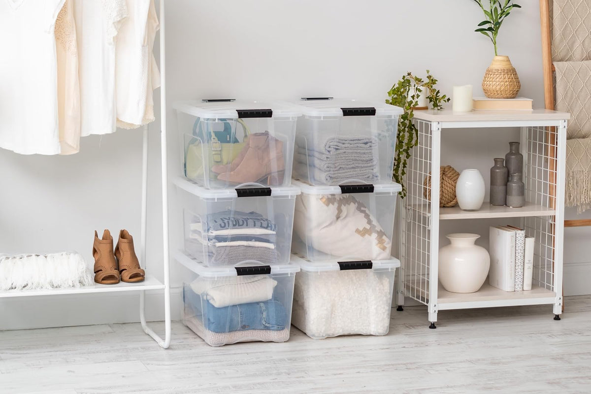 IRIS USA 6 Contenedores de 40 Qt con Tapa, Transparentes | Diseño transparente para ver el contenido fácilmente. Ideal para mudanzas, cobijas, ropa y garaje. Diseño anidable.