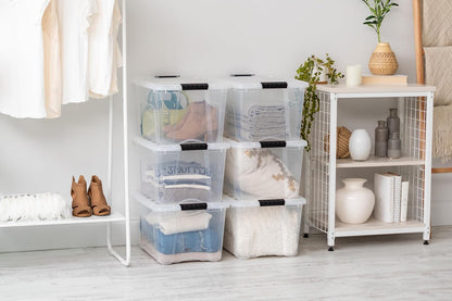 IRIS USA 6 Contenedores de 40 Qt con Tapa, Transparentes | Diseño transparente para ver el contenido fácilmente. Ideal para mudanzas, cobijas, ropa y garaje. Diseño anidable.