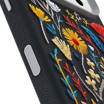 OtterBox - Funda de Piel Bordado para iPhone 17 Pro Symmetry Series | Funda para iPhone MagSafe con diseño bordado de jardín encantado azul, texturizado, bordado floral artístico