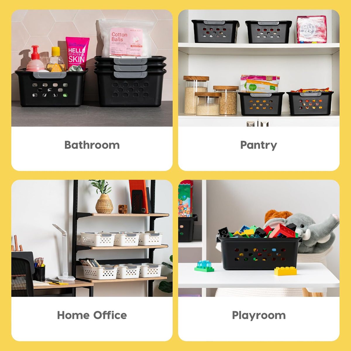 IRIS USA Canasta Mediana de Plástico para Almacenamiento, Paquete de 6, Cesta Organizador para Colgar, para Estantes, Despensas, Cocinas, Armarios, Dormitorios y Baños, Negro