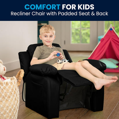 Flash Furniture - Sillón reclinable acolchado de lujo contemporáneo de cuero negro para niños con brazos de almacenamiento