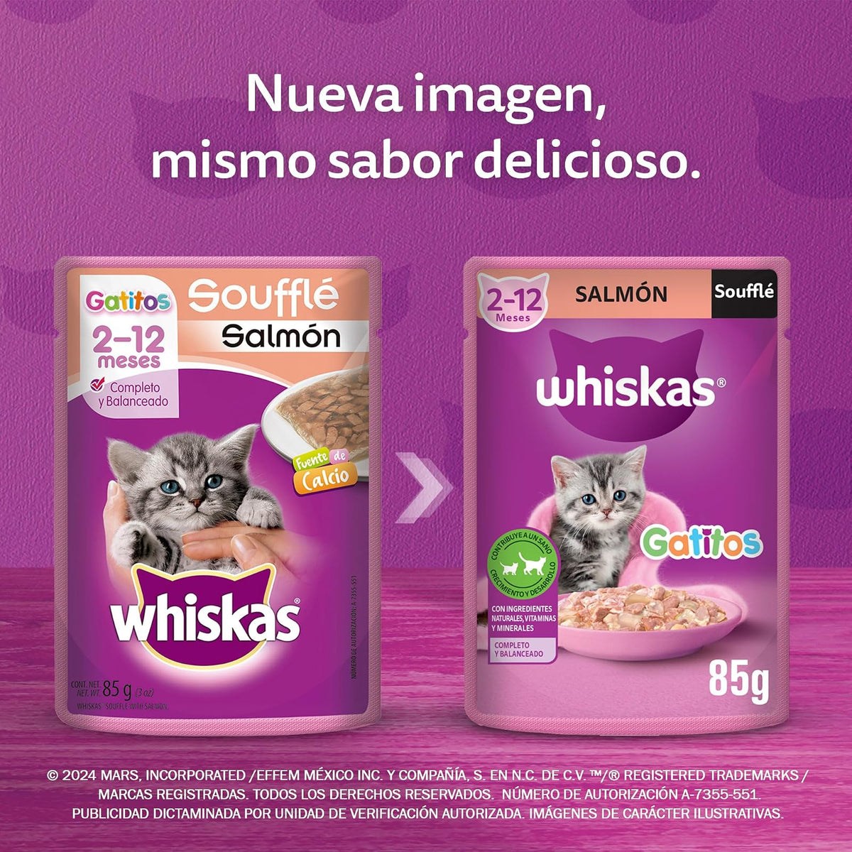 WHISKAS - Alimento Húmedo para Gatitos, Sabor a Soufflé de Salmón, 24 Sobres para Gato, 85 gr., c/u