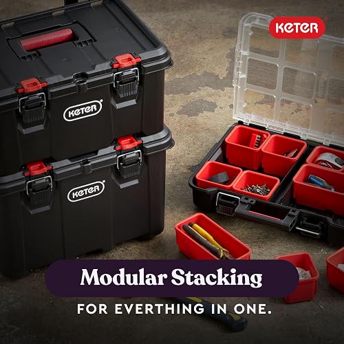 Keter Stack-n-Roll Organizador de herramientas modulares para almacenamiento de cochera y bricolaje, sistema de caja de herramientas rodante de resina de 3 piezas para piezas pequeñas
