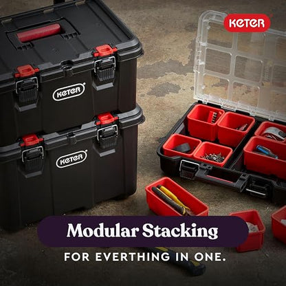 Keter Stack-n-Roll Organizador de herramientas modulares para almacenamiento de cochera y bricolaje, sistema de caja de herramientas rodante de resina de 3 piezas para piezas pequeñas