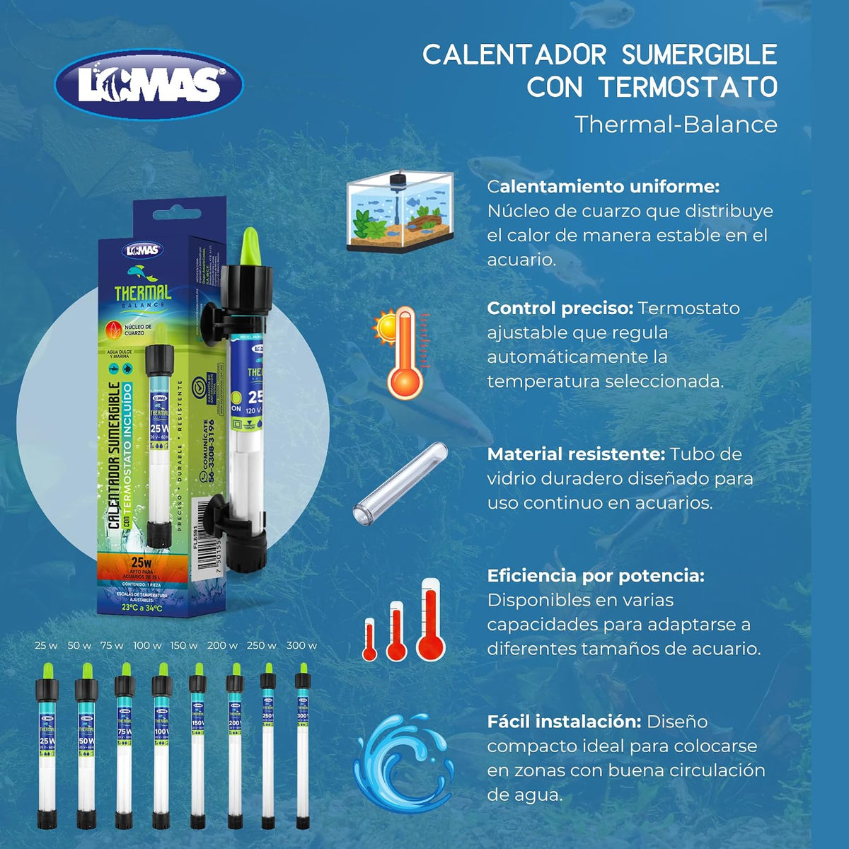 Lomas Calentador Sumergible para Acuario con Termostato, Thermal Balance, 300W