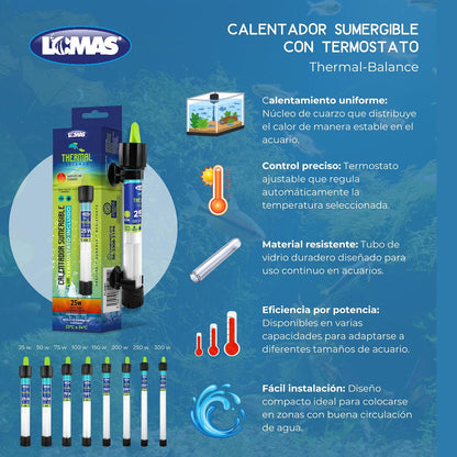 Lomas Calentador Sumergible para Acuario con Termostato, Thermal Balance, 300W