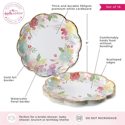 Kate Aspen Garden Blooms 9 pulgadas Platos de papel decorativos de alta calidad | Suministros de fiesta (350 g/m² de peso, juego de 16) - Perfecto para bodas, brunch de novia, baby shower