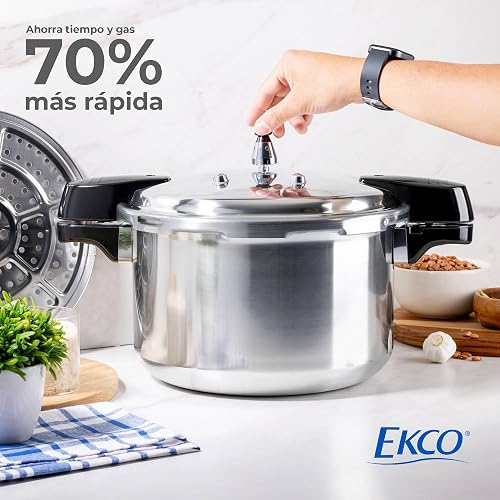 Ekco | Olla Express de 11 Litros Aluminio con 6 Sistemas de Seguridad | Cuerpo y tapa de aluminio, Cocción rápida, Mangos de baquelita, Cierre hermético, Certificado NOM