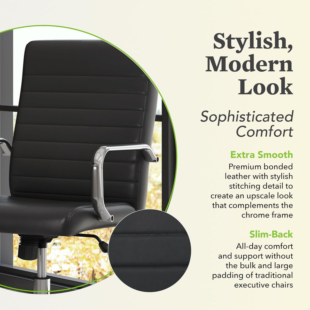 HON Sadie Executive Computer Chair- Fixed Arm for Office Desk, Black Leather with Chrome Accents (HVST511)