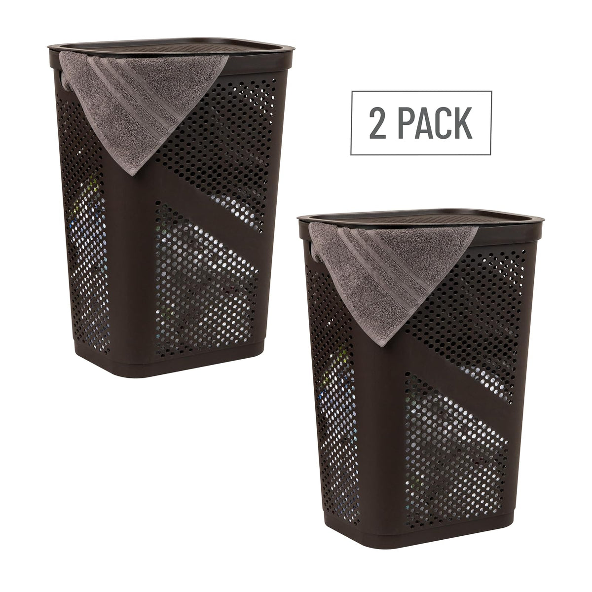 Mind Reader 60L Slim Laundry Hamper, Clothes Basket, Lid, Ventilated, Plastic, 17.25" L x 13.75" W x 23.5" H, Set of 2, Brown