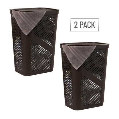 Mind Reader 60L Slim Laundry Hamper, Clothes Basket, Lid, Ventilated, Plastic, 17.25" L x 13.75" W x 23.5" H, Set of 2, Brown