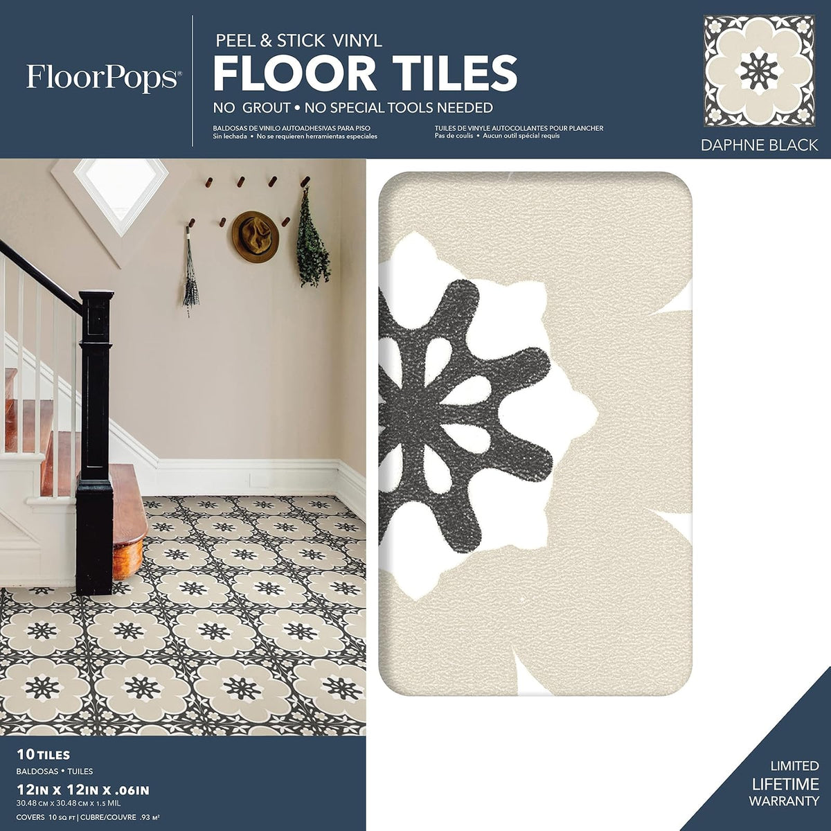 FloorPops - Azulejos de vinilo negro Daphne de 12 x 12 pulgadas (10 azulejos), (10 pies cuadrados/caja)