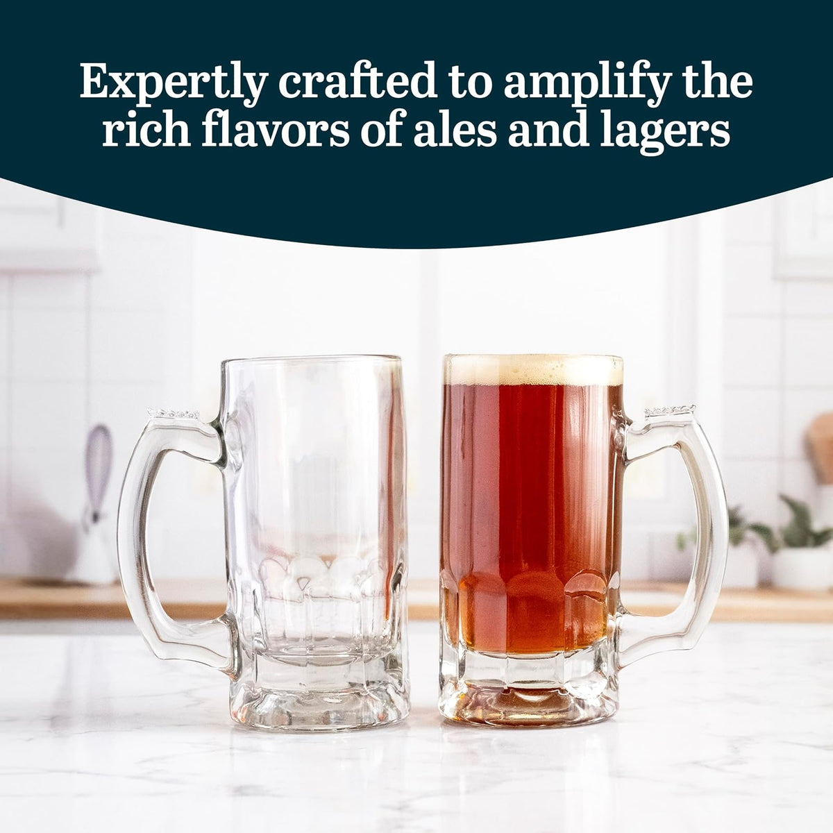 Libbey Craft Brews - Juego de tazas de cerveza de vidrio, juego de 4 vasos de cerveza grandes para servir Ales y Lagers, tazas de cerveza de vidrio atemporales para congelador