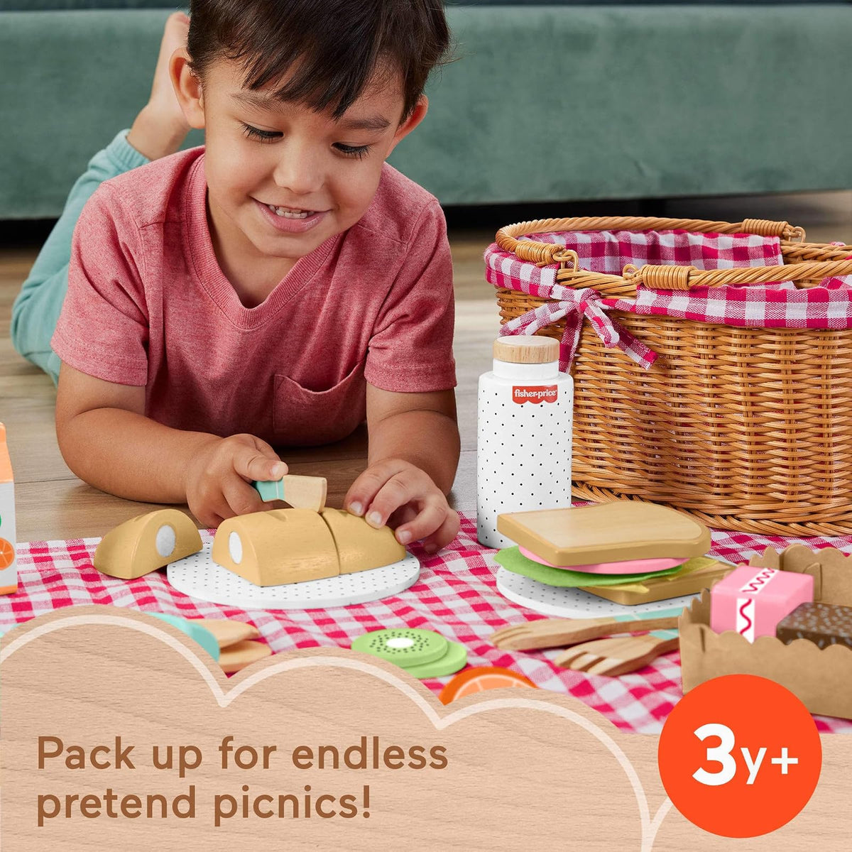 Fisher-Price, Canasta de Picnic de Madera, Juguete para Bebé, 3 Años en Adelante