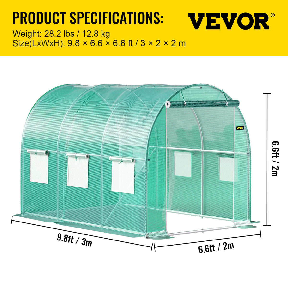 VEVOR - Invernadero de túnel para Uso en casa, 10 x 7 x 7 pies con Puerta con Cierre, 6 Ventanas enrollables, Aros de Acero galvanizado, 1 viga Superior y 2 Postes diagonales, Verde 10 x 7 x 7