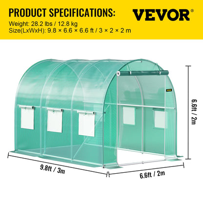 VEVOR - Invernadero de túnel para Uso en casa, 10 x 7 x 7 pies con Puerta con Cierre, 6 Ventanas enrollables, Aros de Acero galvanizado, 1 viga Superior y 2 Postes diagonales, Verde 10 x 7 x 7