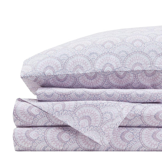 Comfort Spaces - Juego de sábanas de algodón de 144 hilos, transpirable, ligero, suave con bolsillo profundo elástico, ropa de cama moderna para todas las estaciones, funda de almohada a juego, King, morado Tabitha, 4 piezas