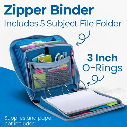 Case-It Mighty Carpeta Escolar con Anillos de 3 Pulgadas | 5 sujetos, 600 hojas, expandible, múltiples bolsillos, cierre, material ripstop