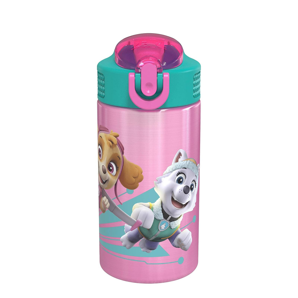 Zak Designs - Botella de agua para niños de acero inoxidable 18/8 de 15,5 oz con tapa abatible con cierre de popote, taza duradera para deportes o viajes, Paw Patrol Skye
