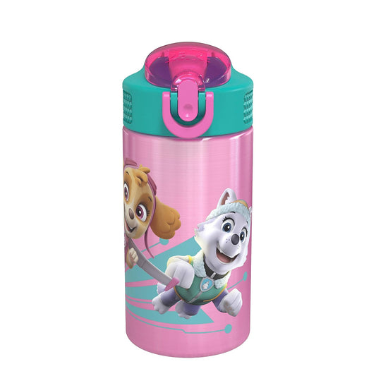Zak Designs - Botella de agua para niños de acero inoxidable 18/8 de 15,5 oz con tapa abatible con cierre de popote, taza duradera para deportes o viajes, Paw Patrol Skye