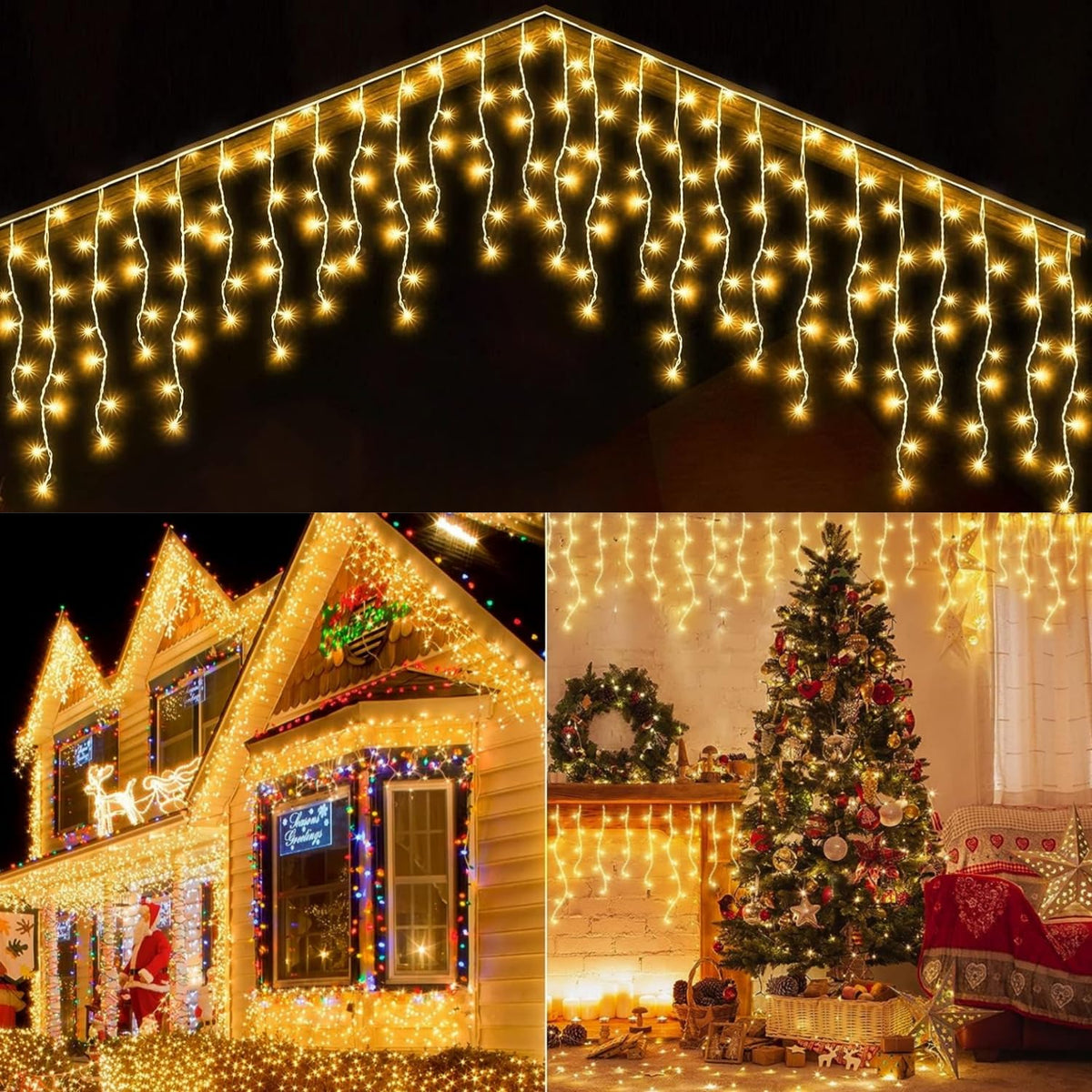 Luces Navideñas Cascada de Luces led -POWEROAK Luces de Navidad 9M 500LED IP44 Serie de Cascada led con 8 Modos de Iluminación Luz cascada Navidad Decorativas. (9M 500LED, Blanco cálido)