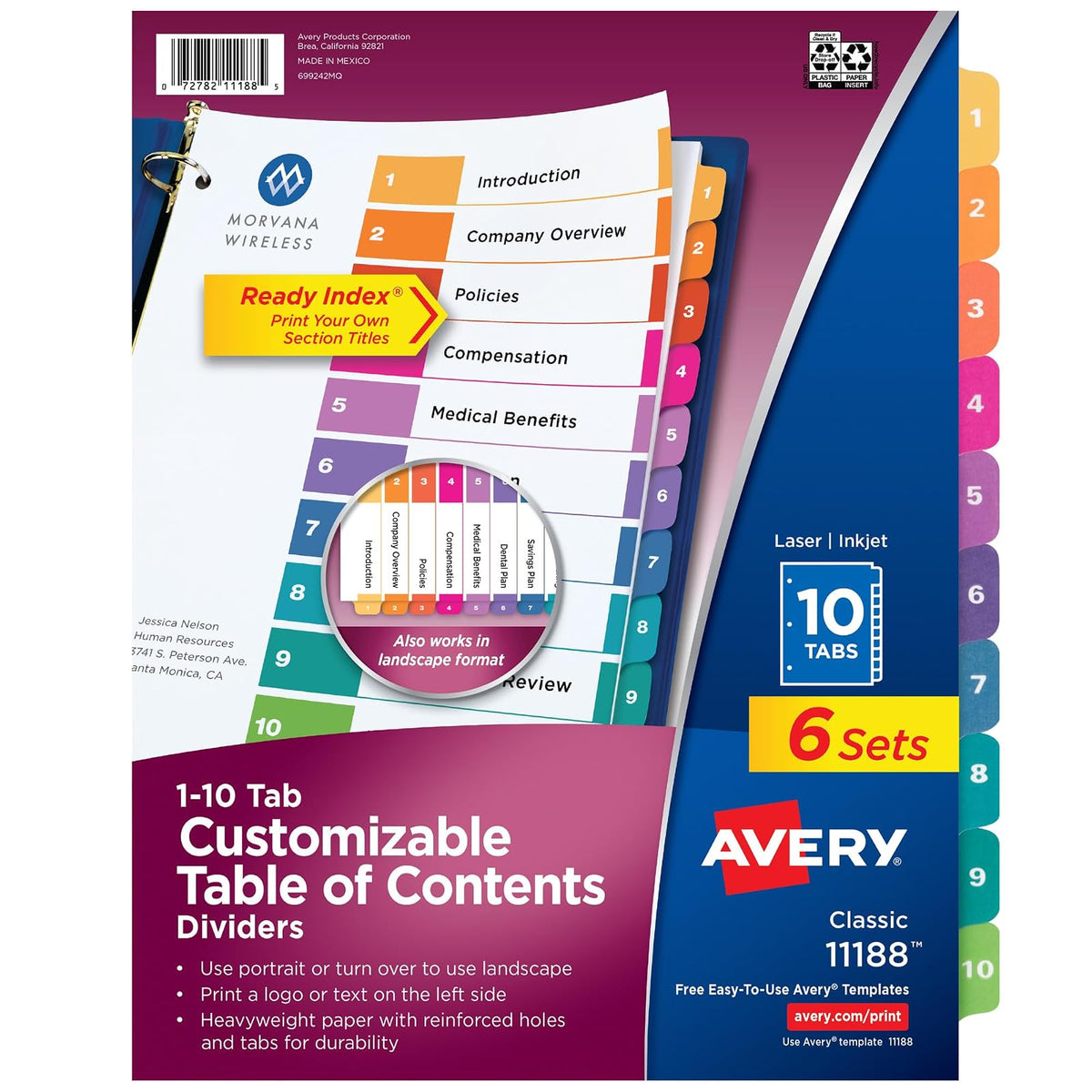 Avery 11188 - Divisores de 10 pestañas para carpetas de 3 anillos, tabla de contenido personalizable, pestañas multicolores, 6 juegos