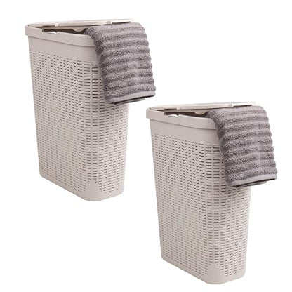 Mind Reader 40L Slim Laundry Hamper, Clothes Basket, Lid, Wicker Design, Plastic, 18" L x 10.4" W x 23.5" H, Set of 2, Ivory