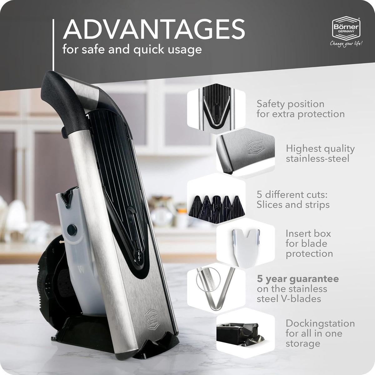 Börner by Reston Lloyd - Cortador de mandolina V6 (juego profesional) - Cortador de acero inoxidable con hoja en V - Cortador de cocina ajustable para verduras y frutas • Varios grosores y rallador