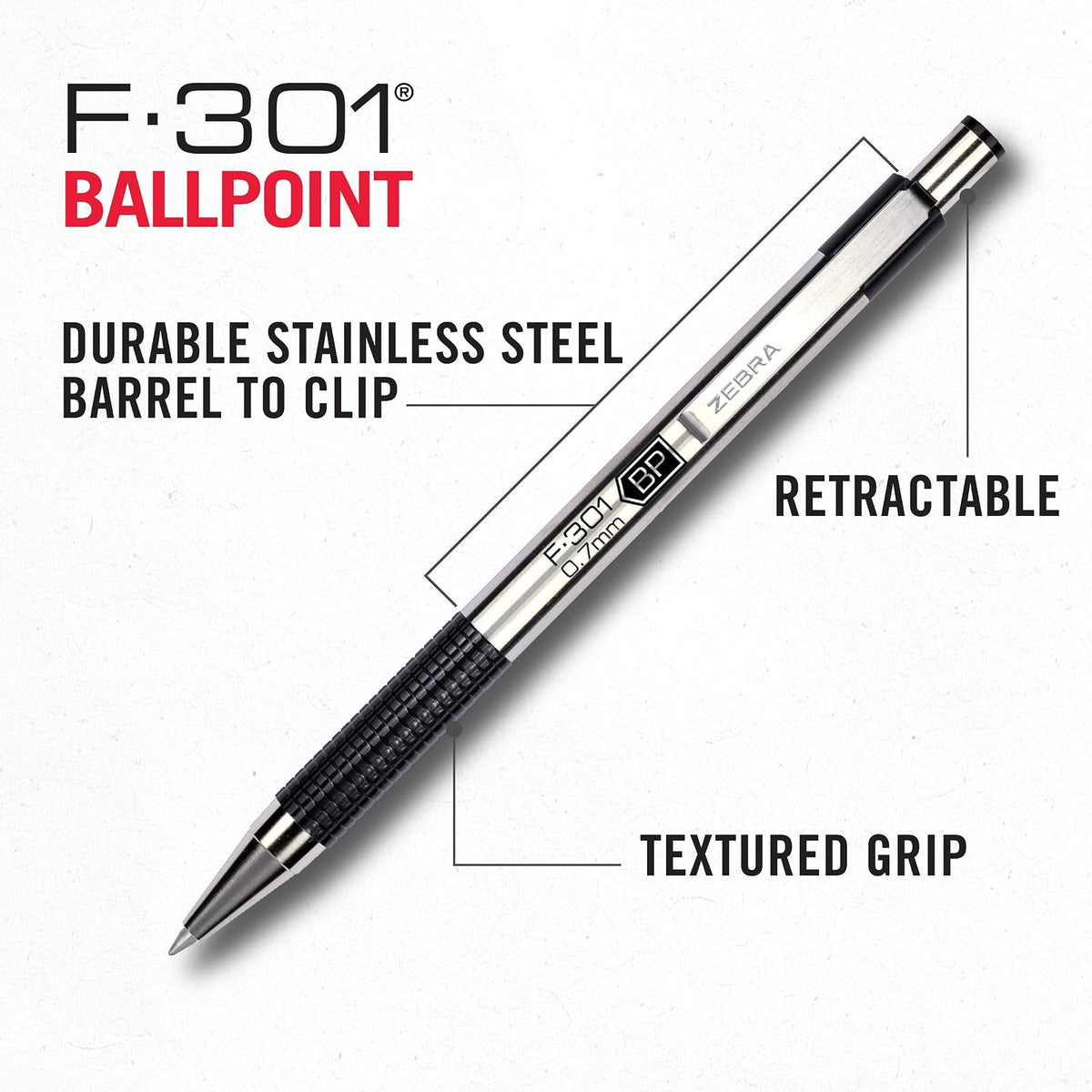 Zebra F-301 Bolígrafo retráctil de acero inoxidable, 7 mm, Negro, Paquete de 12