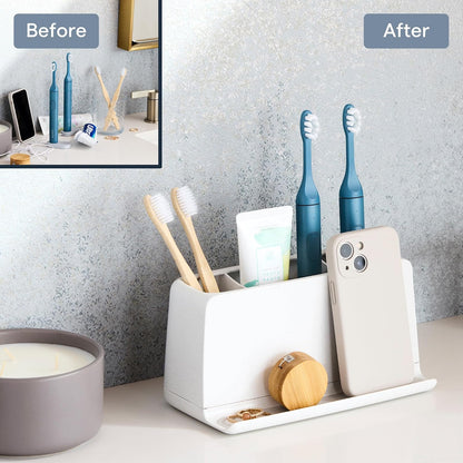 YouCopia The Ledge - Soporte para Cepillo para Polvo de Dientes, 3 Ranuras, Organizador de Cambiador de baño con Ranuras para Cables, Base extraíble y Almacenamiento para teléfonos, Pasta Dental y