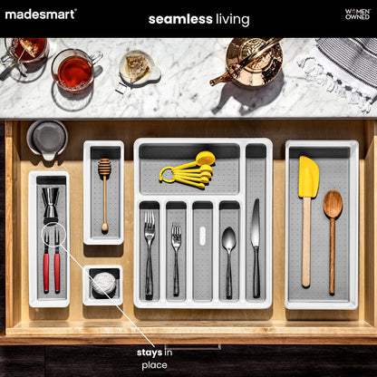 madesmart - Contenedor antimicrobiano clásico de 12 x 3 pulgadas, organizador de cajones, organización multiusos para el hogar, certificado por la EPA, color blanco