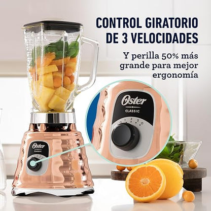 Oster Licuadora Clásica 1000 W con Vaso de Vidrio 1.25 L y 3 Velocidades | Prepara recetas frías y calientes, cuchilla trituradora de hielo, perilla ergonómica y acople metálico, BLST4128-013