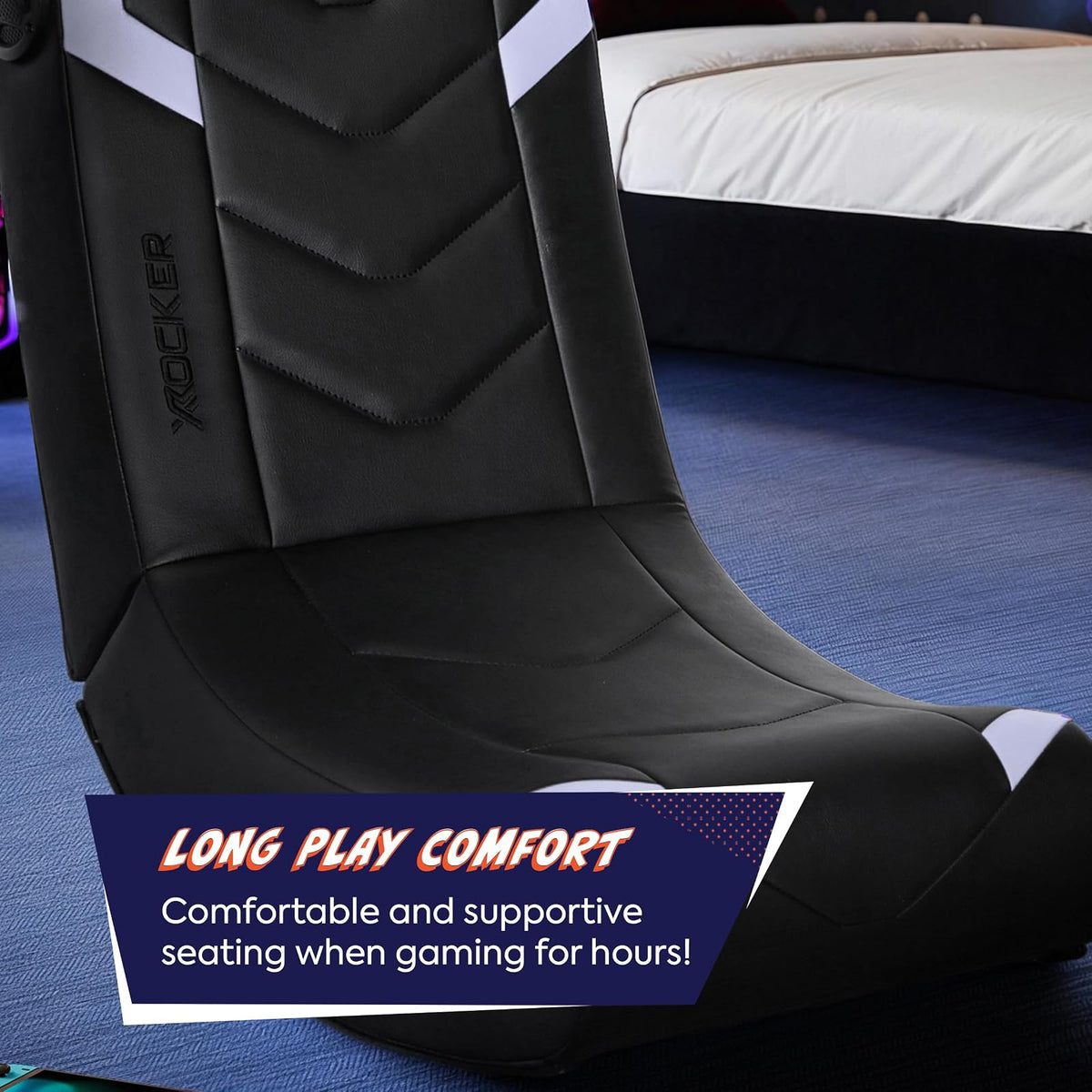 X Rocker Eclipse - Silla de Piso para Videojuegos con Altavoces incorporados, Bluetooth inalámbrico, Plegable, Piel Vegano, 300 Libras máximo, Exclusivo de , Negro y Plateado