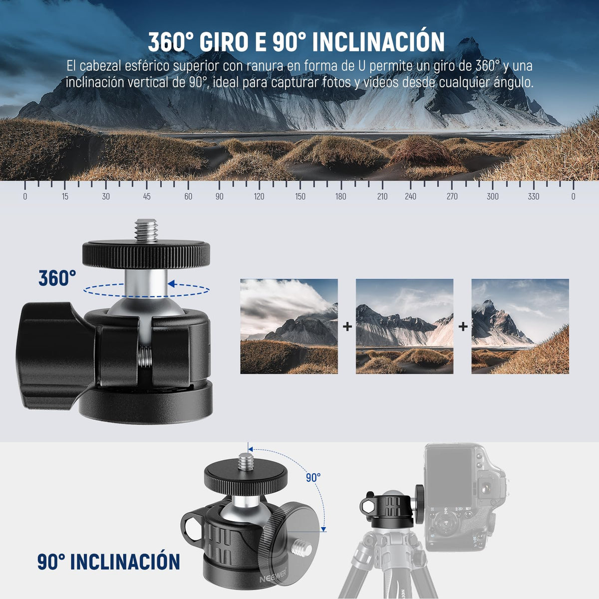 NEEWER BÁSICO Mini Rótula, Adaptador Montaje para Trípode Portátil con Tornillo 1/4" para Cámara Acción DSLR Compacta, Aro Luz LED, Monopié Deslizante, Carga Máx 2 kg, 60° Swivel & 90° Tilt, GM01