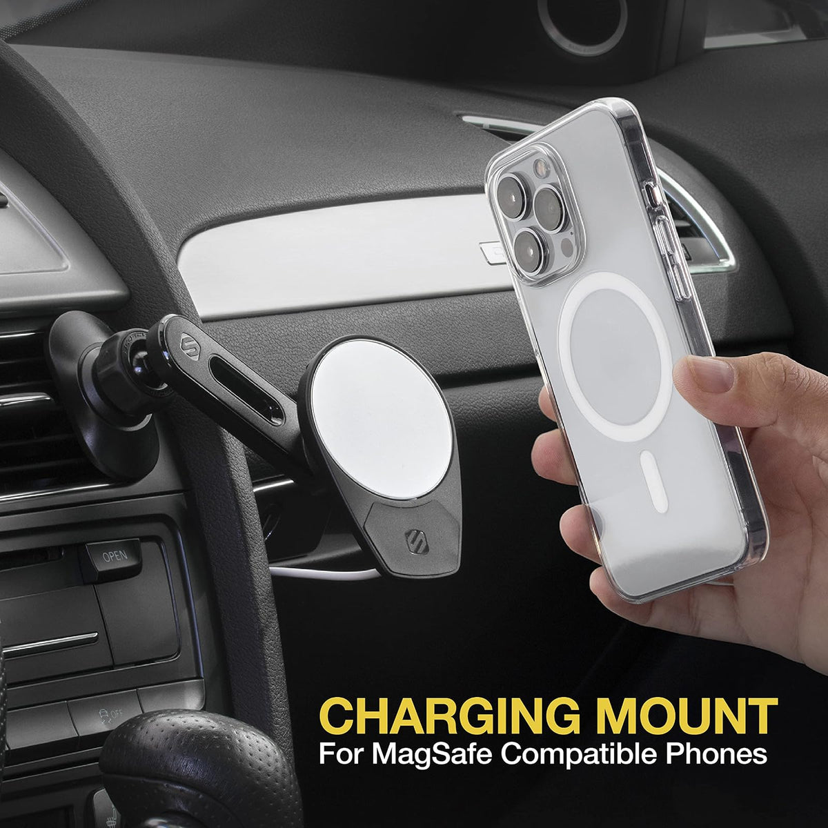 Scosche MSCODVMPD20 MagicMount 4 en 1 Tablero de Instrumentos/ventilación/Brazo oscilante para Cargador inalámbrico MagSafe (Cargador no Incluido) Soporte de Automóvil para Almohadilla de Carga MagSafe