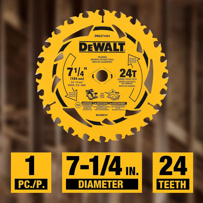 DEWALT Disco de Corte para sierra circular de 7-1/4", corte madera 24D (DWA271424)