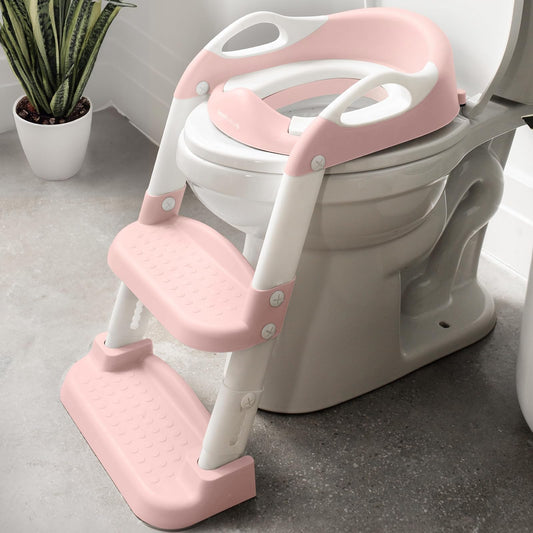 Jool - Asiento de Entrenamiento para bebé con Escalera de 2 escalones para niños pequeños, Protector contra Salpicaduras, Altura Ajustable (Rosa)