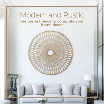 Sagebrook Home Colgante de pared redondo pieza decorativa blanca de 36 pulgadas de ratán tejido de decoración de pared bohemio hecha a mano arte de bambú natural y madera para el hogar